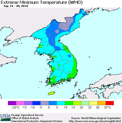 Korea Minimum Daily Temperature (WMO) Thematic Map For 9/24/2018 - 9/30/2018