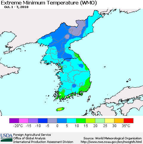 Korea Minimum Daily Temperature (WMO) Thematic Map For 10/1/2018 - 10/7/2018
