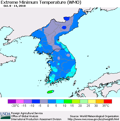 Korea Minimum Daily Temperature (WMO) Thematic Map For 10/8/2018 - 10/14/2018