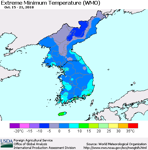 Korea Minimum Daily Temperature (WMO) Thematic Map For 10/15/2018 - 10/21/2018
