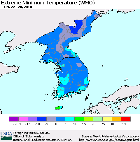 Korea Minimum Daily Temperature (WMO) Thematic Map For 10/22/2018 - 10/28/2018