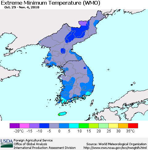 Korea Minimum Daily Temperature (WMO) Thematic Map For 10/29/2018 - 11/4/2018