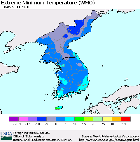 Korea Minimum Daily Temperature (WMO) Thematic Map For 11/5/2018 - 11/11/2018