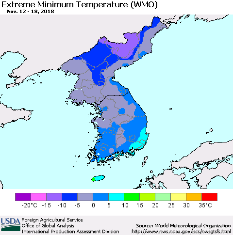 Korea Minimum Daily Temperature (WMO) Thematic Map For 11/12/2018 - 11/18/2018