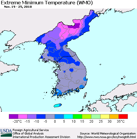 Korea Minimum Daily Temperature (WMO) Thematic Map For 11/19/2018 - 11/25/2018