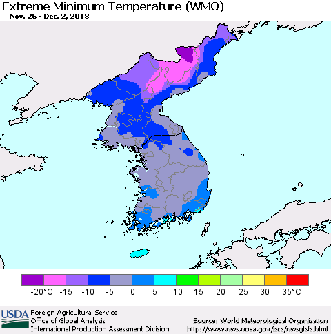 Korea Minimum Daily Temperature (WMO) Thematic Map For 11/26/2018 - 12/2/2018