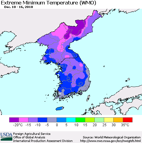 Korea Minimum Daily Temperature (WMO) Thematic Map For 12/10/2018 - 12/16/2018