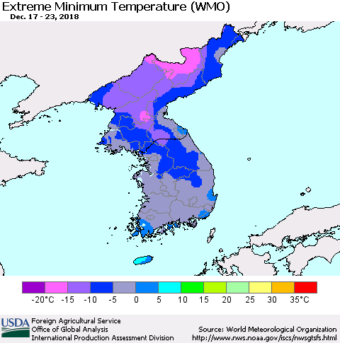 Korea Minimum Daily Temperature (WMO) Thematic Map For 12/17/2018 - 12/23/2018