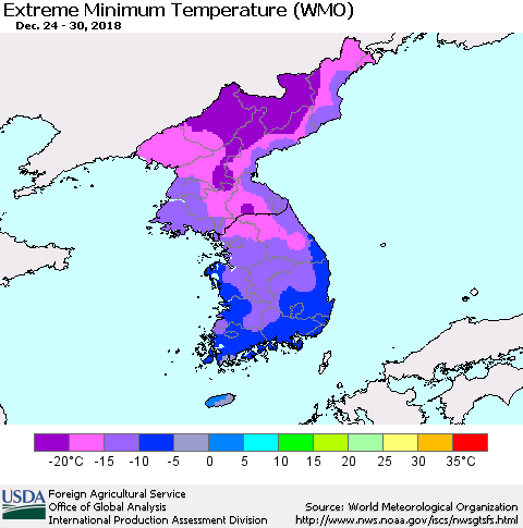 Korea Minimum Daily Temperature (WMO) Thematic Map For 12/24/2018 - 12/30/2018