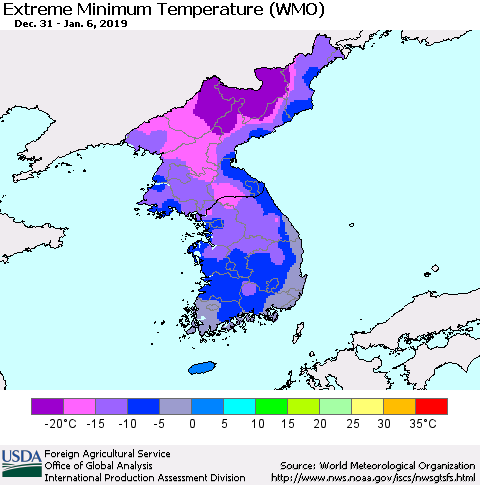 Korea Minimum Daily Temperature (WMO) Thematic Map For 12/31/2018 - 1/6/2019