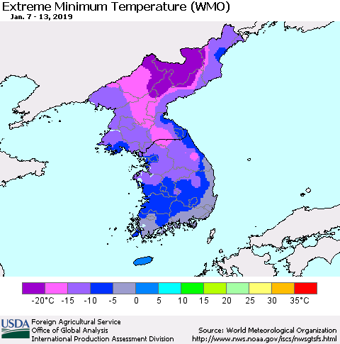 Korea Minimum Daily Temperature (WMO) Thematic Map For 1/7/2019 - 1/13/2019