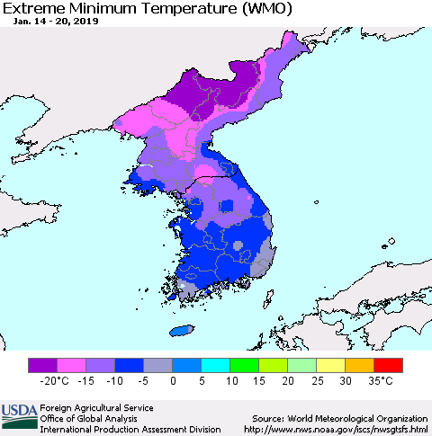 Korea Minimum Daily Temperature (WMO) Thematic Map For 1/14/2019 - 1/20/2019