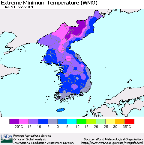 Korea Minimum Daily Temperature (WMO) Thematic Map For 1/21/2019 - 1/27/2019