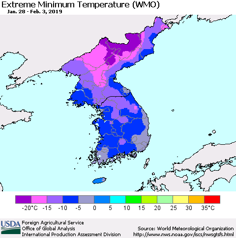 Korea Minimum Daily Temperature (WMO) Thematic Map For 1/28/2019 - 2/3/2019