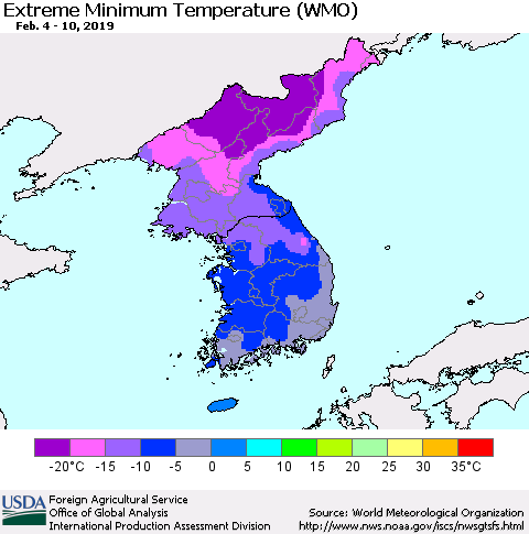 Korea Minimum Daily Temperature (WMO) Thematic Map For 2/4/2019 - 2/10/2019