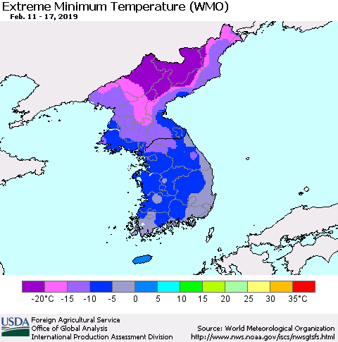 Korea Minimum Daily Temperature (WMO) Thematic Map For 2/11/2019 - 2/17/2019