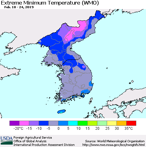 Korea Minimum Daily Temperature (WMO) Thematic Map For 2/18/2019 - 2/24/2019