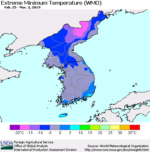Korea Minimum Daily Temperature (WMO) Thematic Map For 2/25/2019 - 3/3/2019