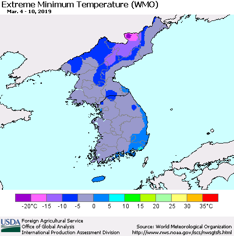 Korea Minimum Daily Temperature (WMO) Thematic Map For 3/4/2019 - 3/10/2019