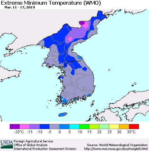 Korea Minimum Daily Temperature (WMO) Thematic Map For 3/11/2019 - 3/17/2019