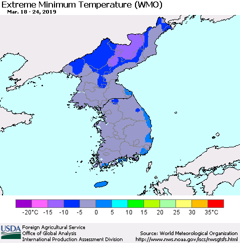 Korea Minimum Daily Temperature (WMO) Thematic Map For 3/18/2019 - 3/24/2019