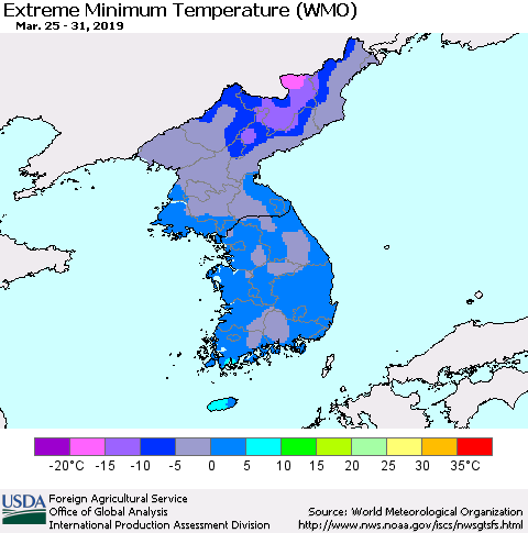 Korea Minimum Daily Temperature (WMO) Thematic Map For 3/25/2019 - 3/31/2019