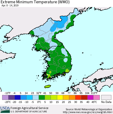 Korea Minimum Daily Temperature (WMO) Thematic Map For 4/8/2019 - 4/14/2019