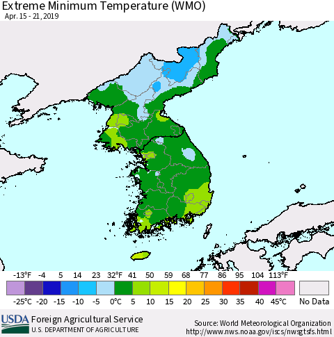 Korea Minimum Daily Temperature (WMO) Thematic Map For 4/15/2019 - 4/21/2019