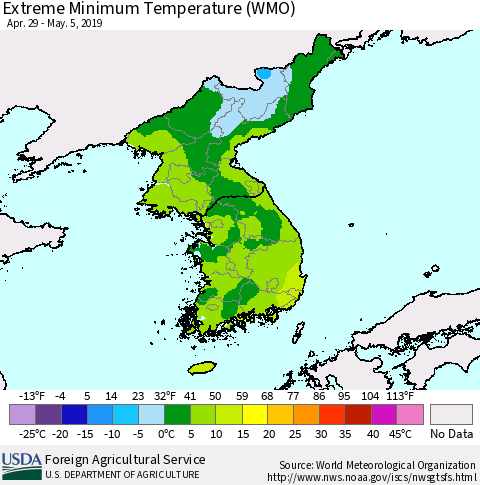 Korea Minimum Daily Temperature (WMO) Thematic Map For 4/29/2019 - 5/5/2019