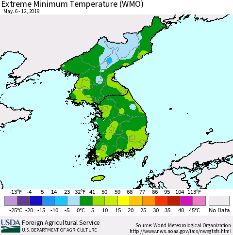 Korea Minimum Daily Temperature (WMO) Thematic Map For 5/6/2019 - 5/12/2019