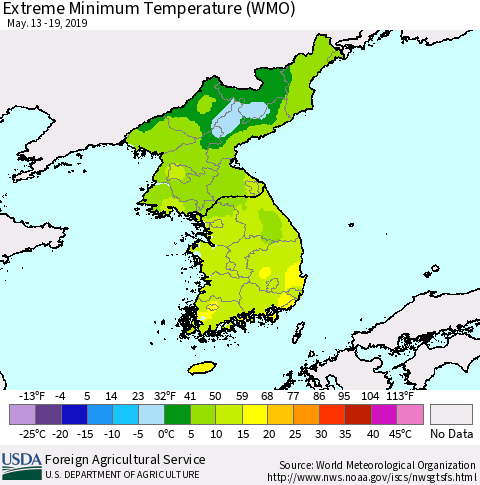Korea Minimum Daily Temperature (WMO) Thematic Map For 5/13/2019 - 5/19/2019