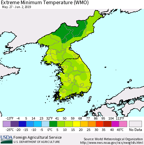 Korea Minimum Daily Temperature (WMO) Thematic Map For 5/27/2019 - 6/2/2019