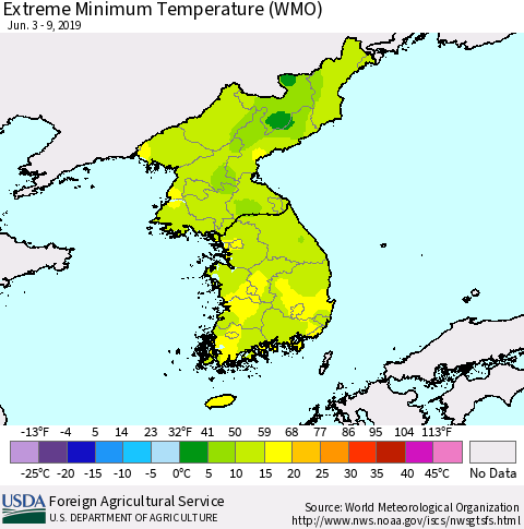 Korea Minimum Daily Temperature (WMO) Thematic Map For 6/3/2019 - 6/9/2019