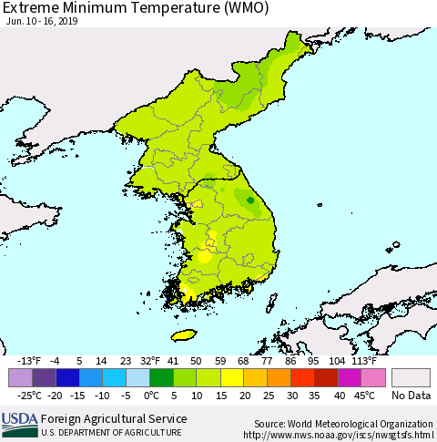 Korea Minimum Daily Temperature (WMO) Thematic Map For 6/10/2019 - 6/16/2019