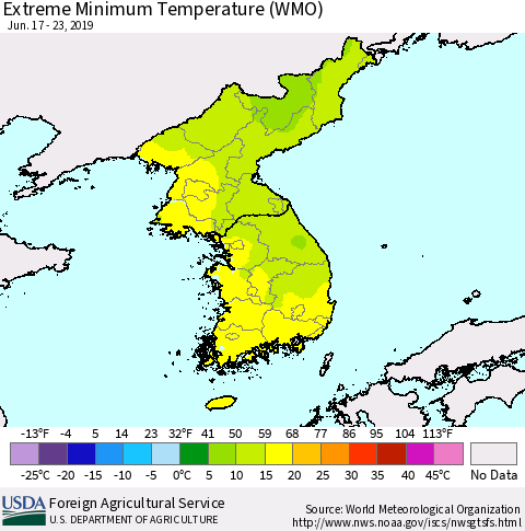 Korea Minimum Daily Temperature (WMO) Thematic Map For 6/17/2019 - 6/23/2019