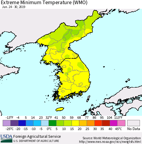 Korea Minimum Daily Temperature (WMO) Thematic Map For 6/24/2019 - 6/30/2019