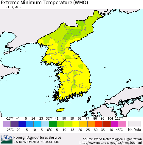 Korea Minimum Daily Temperature (WMO) Thematic Map For 7/1/2019 - 7/7/2019