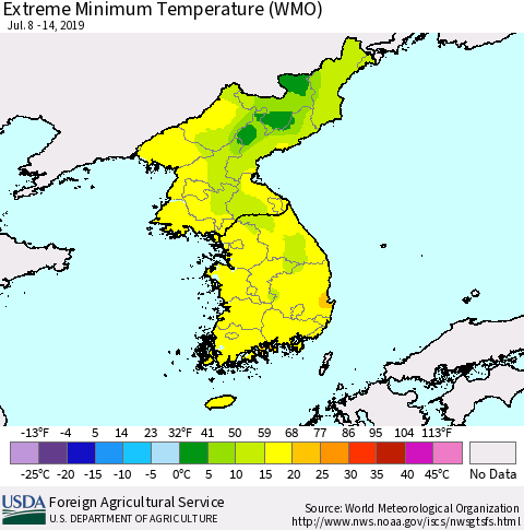 Korea Minimum Daily Temperature (WMO) Thematic Map For 7/8/2019 - 7/14/2019