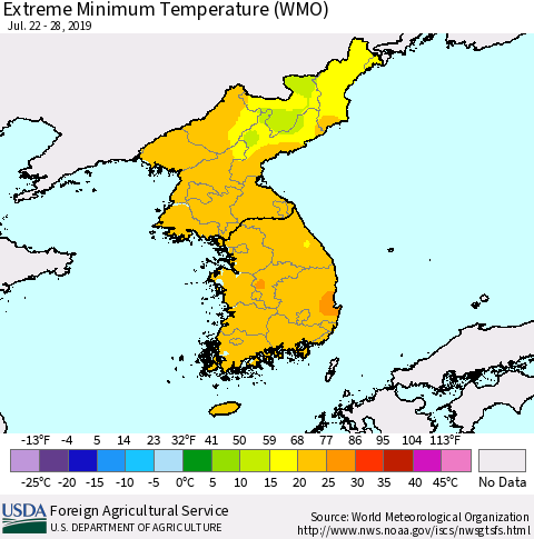 Korea Minimum Daily Temperature (WMO) Thematic Map For 7/22/2019 - 7/28/2019