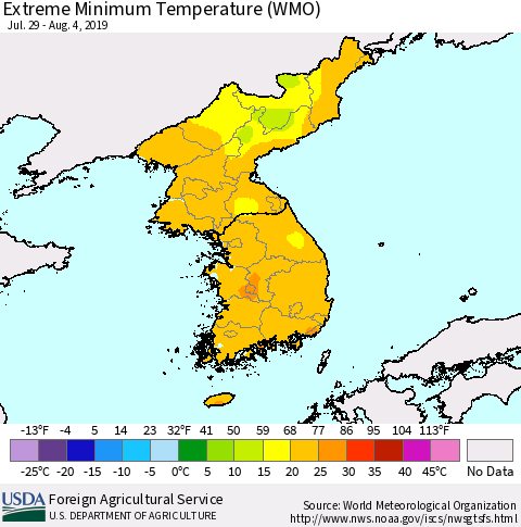 Korea Minimum Daily Temperature (WMO) Thematic Map For 7/29/2019 - 8/4/2019