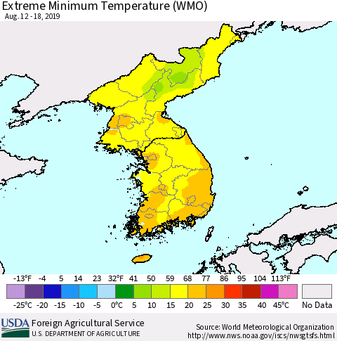 Korea Minimum Daily Temperature (WMO) Thematic Map For 8/12/2019 - 8/18/2019