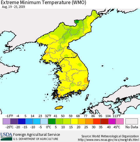 Korea Minimum Daily Temperature (WMO) Thematic Map For 8/19/2019 - 8/25/2019
