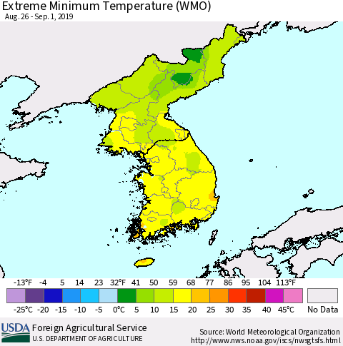 Korea Minimum Daily Temperature (WMO) Thematic Map For 8/26/2019 - 9/1/2019