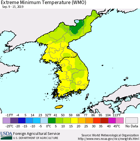 Korea Minimum Daily Temperature (WMO) Thematic Map For 9/9/2019 - 9/15/2019