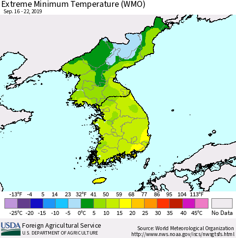 Korea Minimum Daily Temperature (WMO) Thematic Map For 9/16/2019 - 9/22/2019