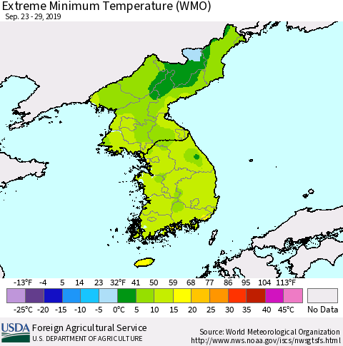 Korea Minimum Daily Temperature (WMO) Thematic Map For 9/23/2019 - 9/29/2019