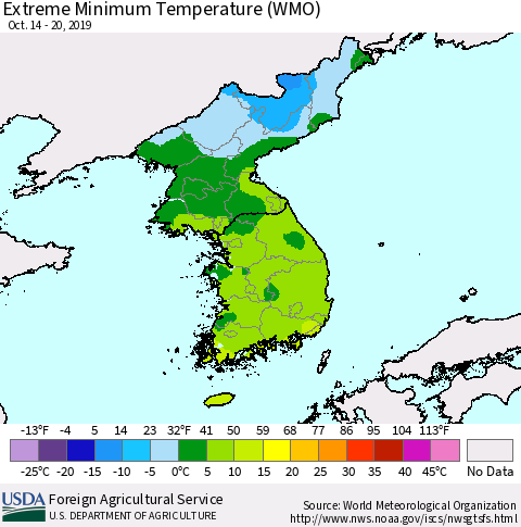 Korea Minimum Daily Temperature (WMO) Thematic Map For 10/14/2019 - 10/20/2019