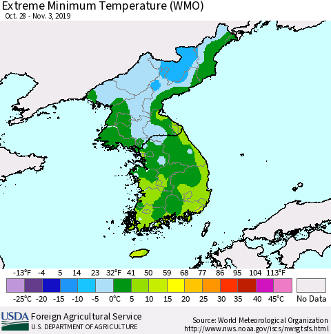 Korea Minimum Daily Temperature (WMO) Thematic Map For 10/28/2019 - 11/3/2019