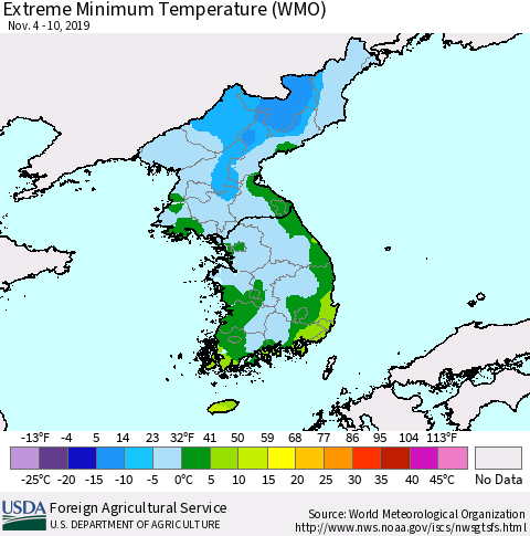 Korea Minimum Daily Temperature (WMO) Thematic Map For 11/4/2019 - 11/10/2019