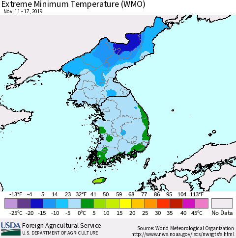 Korea Minimum Daily Temperature (WMO) Thematic Map For 11/11/2019 - 11/17/2019